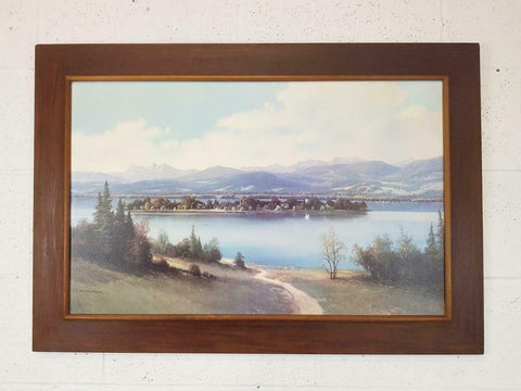 Vintage 70s Large Teak Framed Print Scenic Landscape Mid Century Scandi Retro