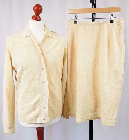 M 14 - Vintage 60's St Michael Pale Yellow Nylon Jacket & Skirt Suit Set - D385
