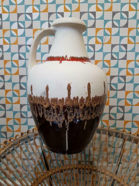 Vintage West German Pot 67-45 Floor Vase White Brown & Red Fat Lava Mid-Century