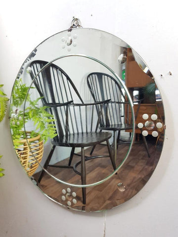 Vintage 1950's Frameless Round Mirror On Chain Convex Circles Art Deco