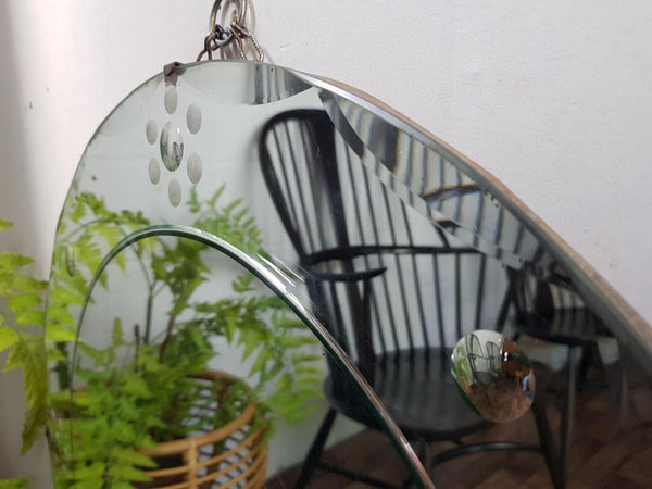 Vintage 1950's Frameless Round Mirror On Chain Convex Circles Art Deco