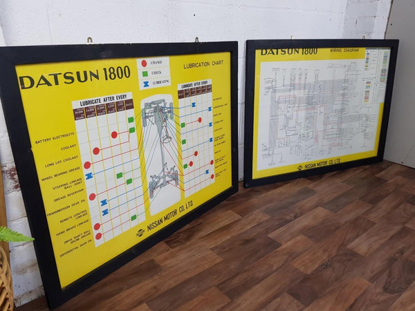 Pair x Vintage Datsun 1800 Framed Car Dealer Posters Nissan Retro Mancave Garage