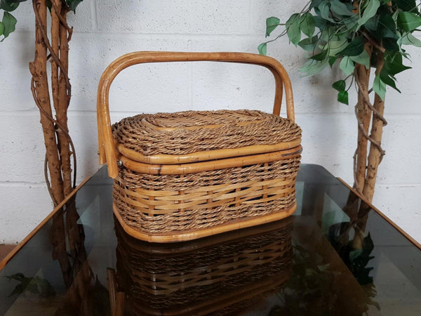 Vintage Mid-Century Wicker Sewing Craft Basket Retro