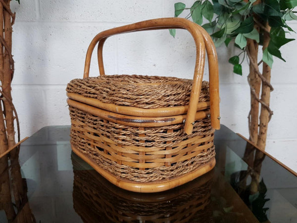 Vintage Mid-Century Wicker Sewing Craft Basket Retro