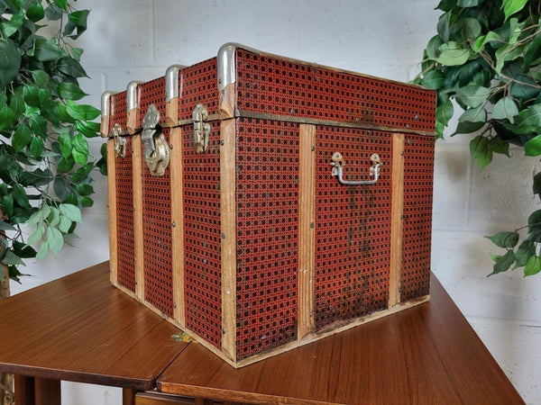 Antique Vintage 1900's Red Faux Bamboo Tin & Wood Chest Steamer Trunk