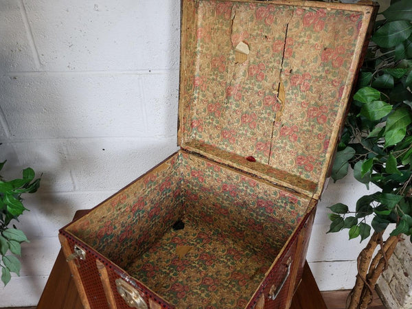 Antique Vintage 1900's Red Faux Bamboo Tin & Wood Chest Steamer Trunk