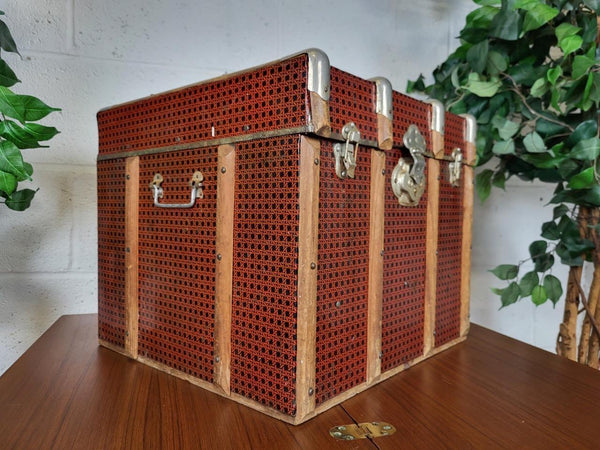Antique Vintage 1900's Red Faux Bamboo Tin & Wood Chest Steamer Trunk