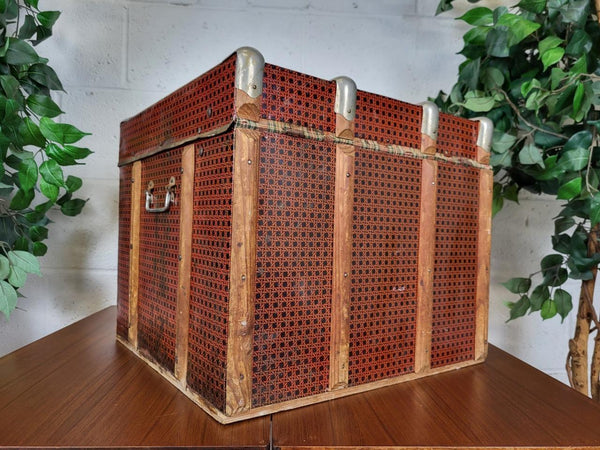 Antique Vintage 1900's Red Faux Bamboo Tin & Wood Chest Steamer Trunk