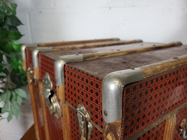 Antique Vintage 1900's Red Faux Bamboo Tin & Wood Chest Steamer Trunk