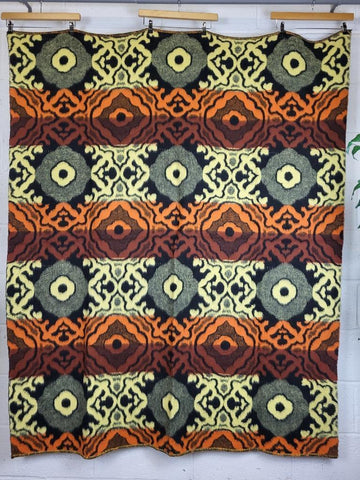 Vintage Mid-Century Blanket Orange Yellow Aztec Reversible Boho Hippy MCM