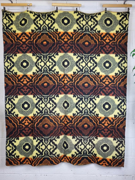 Vintage Mid-Century Blanket Orange Yellow Aztec Reversible Boho Hippy MCM