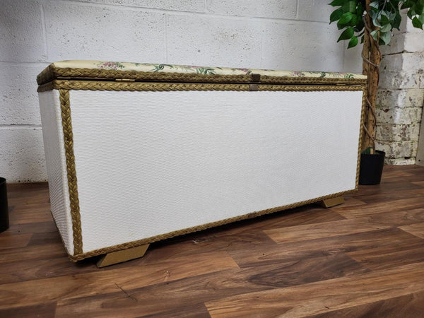 Vintage Mid-Century Bedroom Ottoman Blanket Chest White & Gold Floral