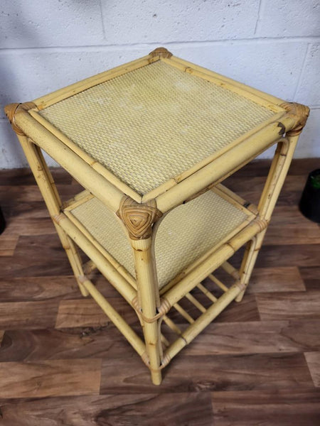 Vintage Mid-Century Bamboo Rattan Side Table Plant Stand Retro Tiki Boho Scandi
