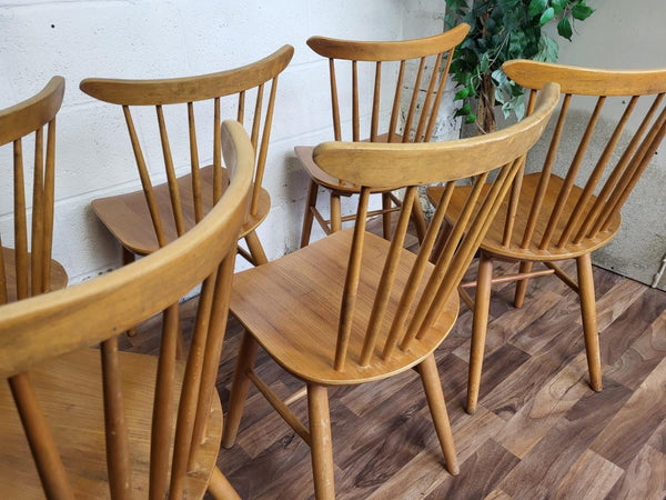 Set Of 6 Vintage Dining Chairs Blonde Stickback Mid-Century Danish Style Retro